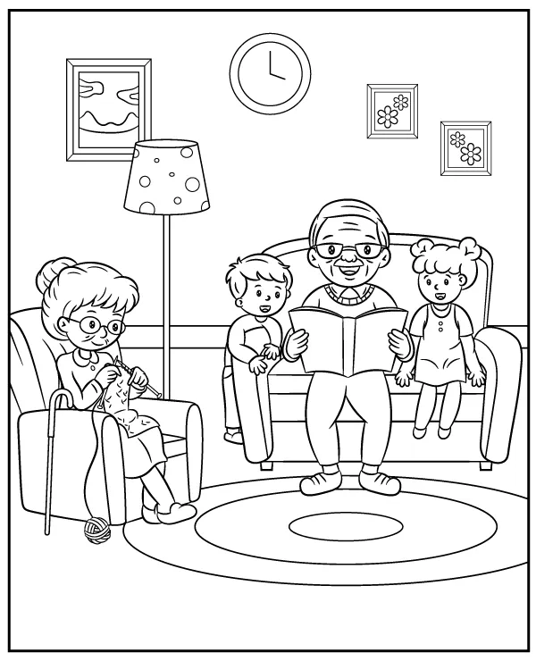 Grandparents with grandchildren in living room coloring page - Ausmalbild zum Ausdrucken