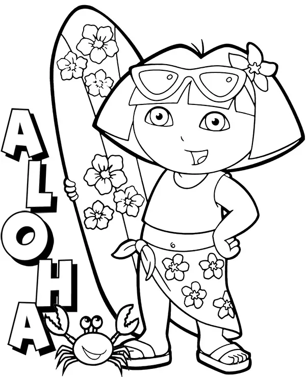Dora na hawajach z deska serfingowa kolorowanka do druku - Ausmalbild zum Ausdrucken