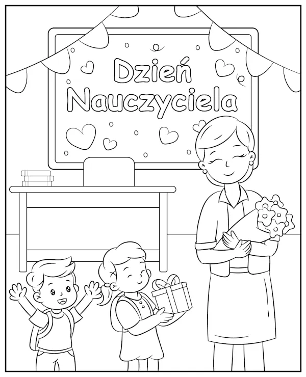 Kolorowanka do druku Dzień nauczyciela dzieciaki