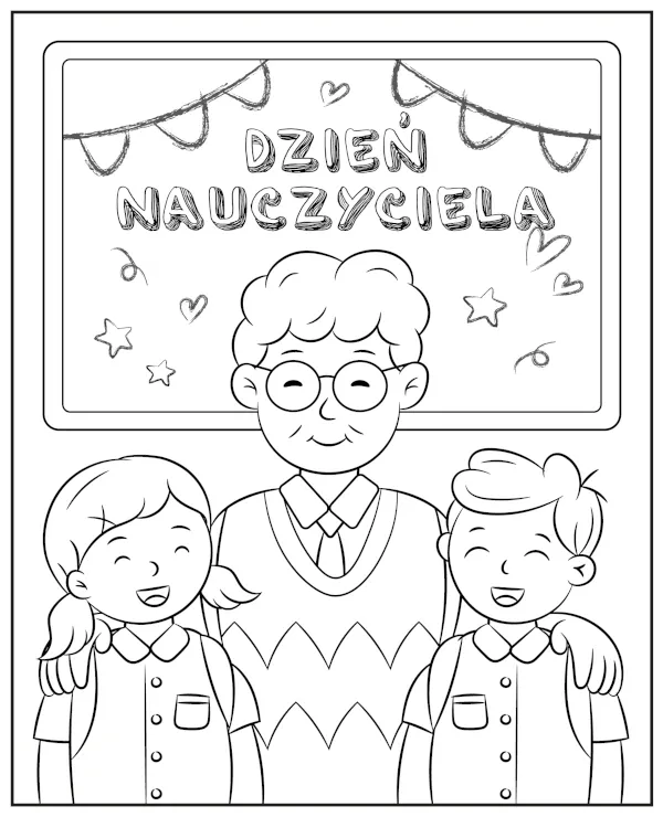 Dzień nauczyciela z uczniami kolorowanka do druku