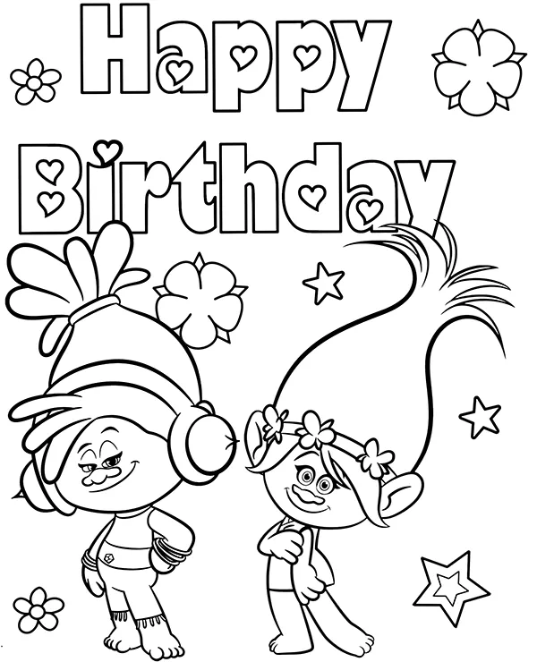 Happy birthday kartka urodzinowa trolle - Ausmalbild zum Ausdrucken