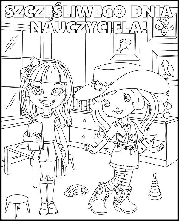 Kolorowanka na dzien nauczyciela dwie dziewczynki - Ausmalbild zum Ausdrucken