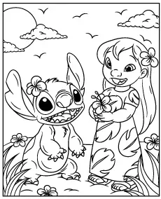 Kolorowanka Lilo i Stitch z kwiatami do druku