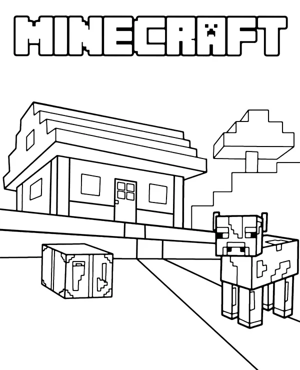 Minecraft kolorowanka dom i krowa - Ausmalbild zum Ausdrucken