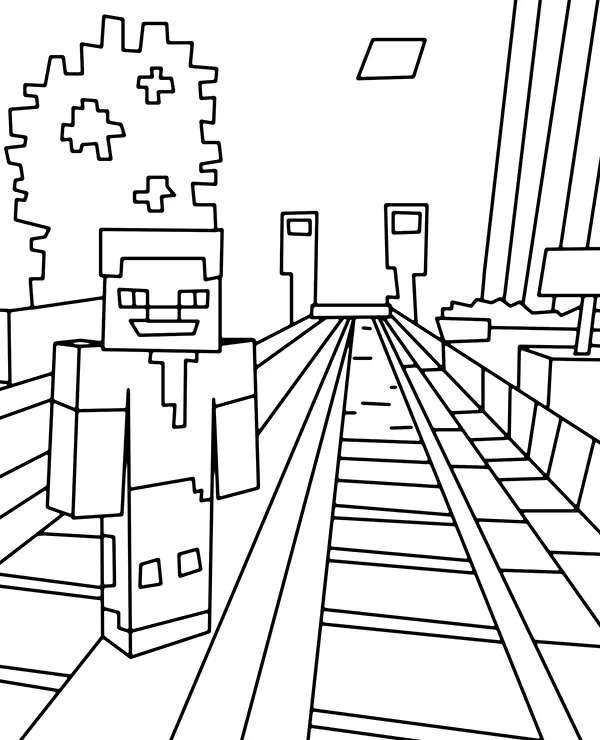 Minecraft kolorowanka stacja kolejowa - Ausmalbild zum Ausdrucken