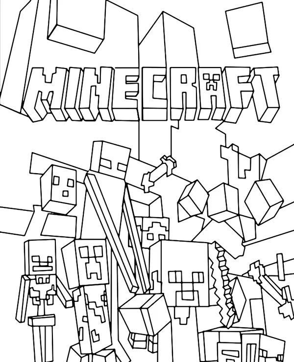 Minecraft kolorowanka z napisem - Ausmalbild zum Ausdrucken