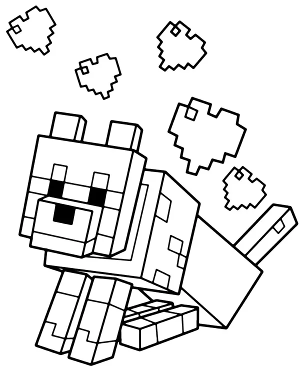 Minecraft kolorowanka zwierzeta pies oraz serca - Ausmalbild zum Ausdrucken