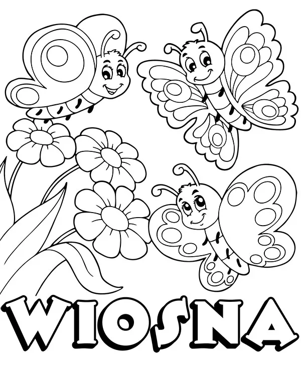 Wiosna logo z motylkami to kolorowanka do druku