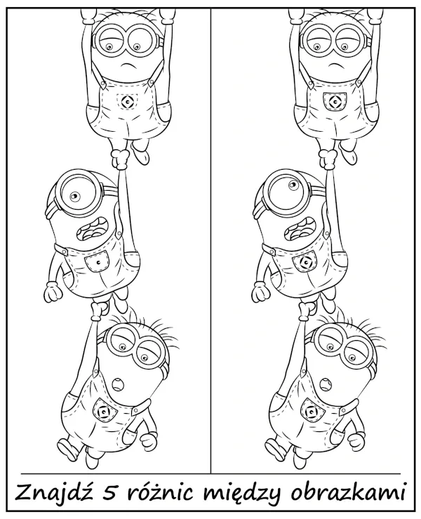 Kolorowanka do druku: Znajdź 5 różnic z Minionkami